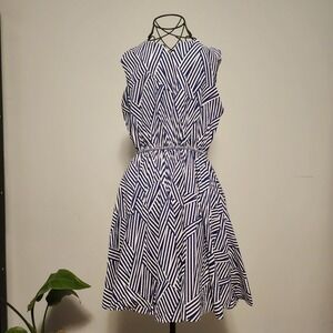 PIT Geometric Abstract Stripe Navy Blue White Fit Flare Dress Size Small
